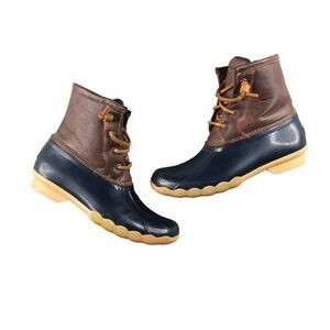 Sperry Girls Sz4 Blue Tan Saltwater Rain Boot, Duck Boot, Ankle, Side Zip Spring